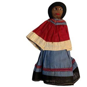 Vintage Handmade African American Woman Coconut Fiber Doll Red Cape Blue Skirt